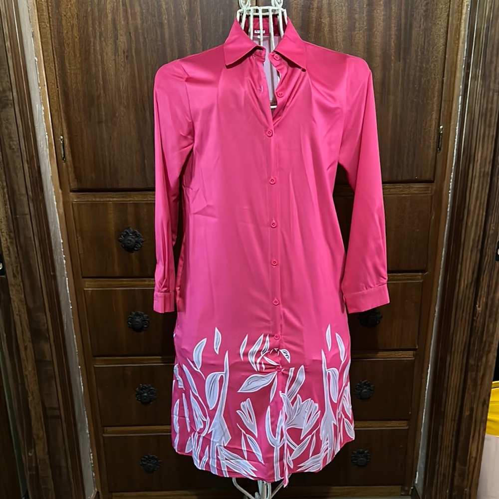 Pink Button-Up Dress with White Leaf Design